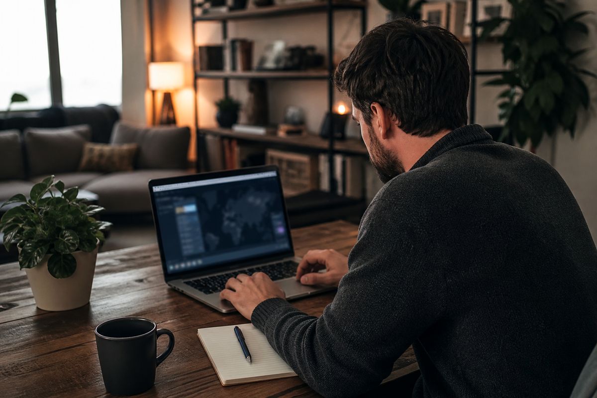 A person configuring a VPN on their laptop in a cozy living room, emphasizing safe access to the deep web.