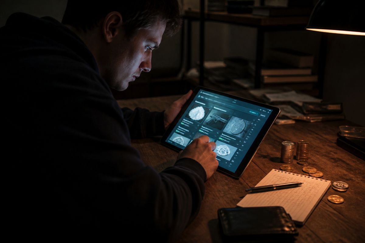 A person exploring unique products on a dark web marketplace using a tablet in a dimly lit room.