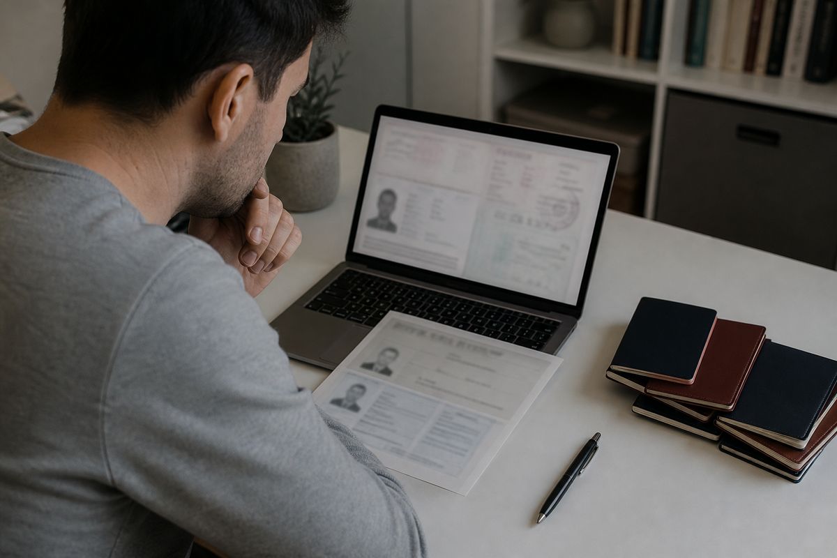 A person reviewing a passport application at a desk, reflecting the theme of purchasing citizenship.