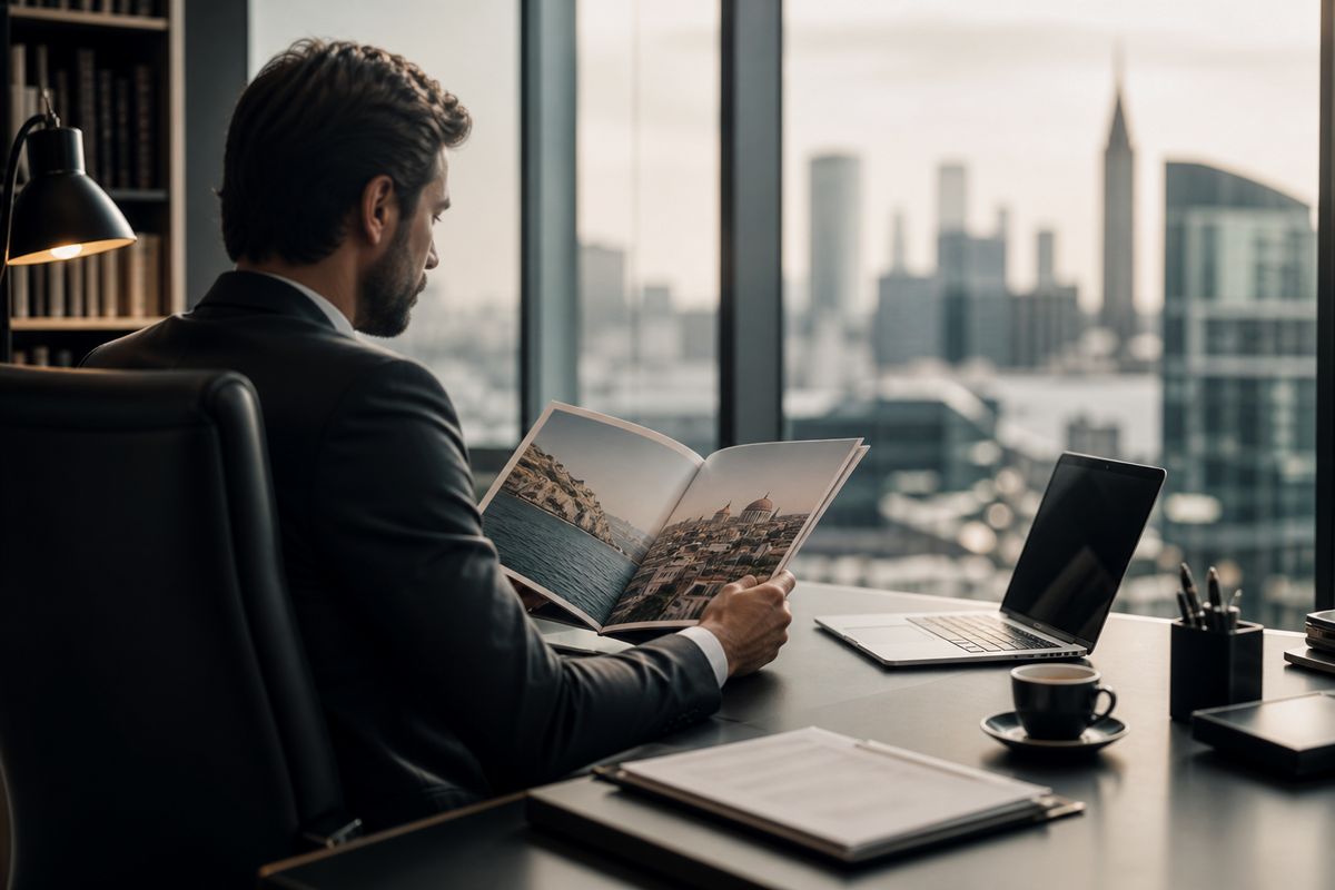 A person reviewing European citizenship investment options in a modern office environment, showcasing the seriousness of the process.