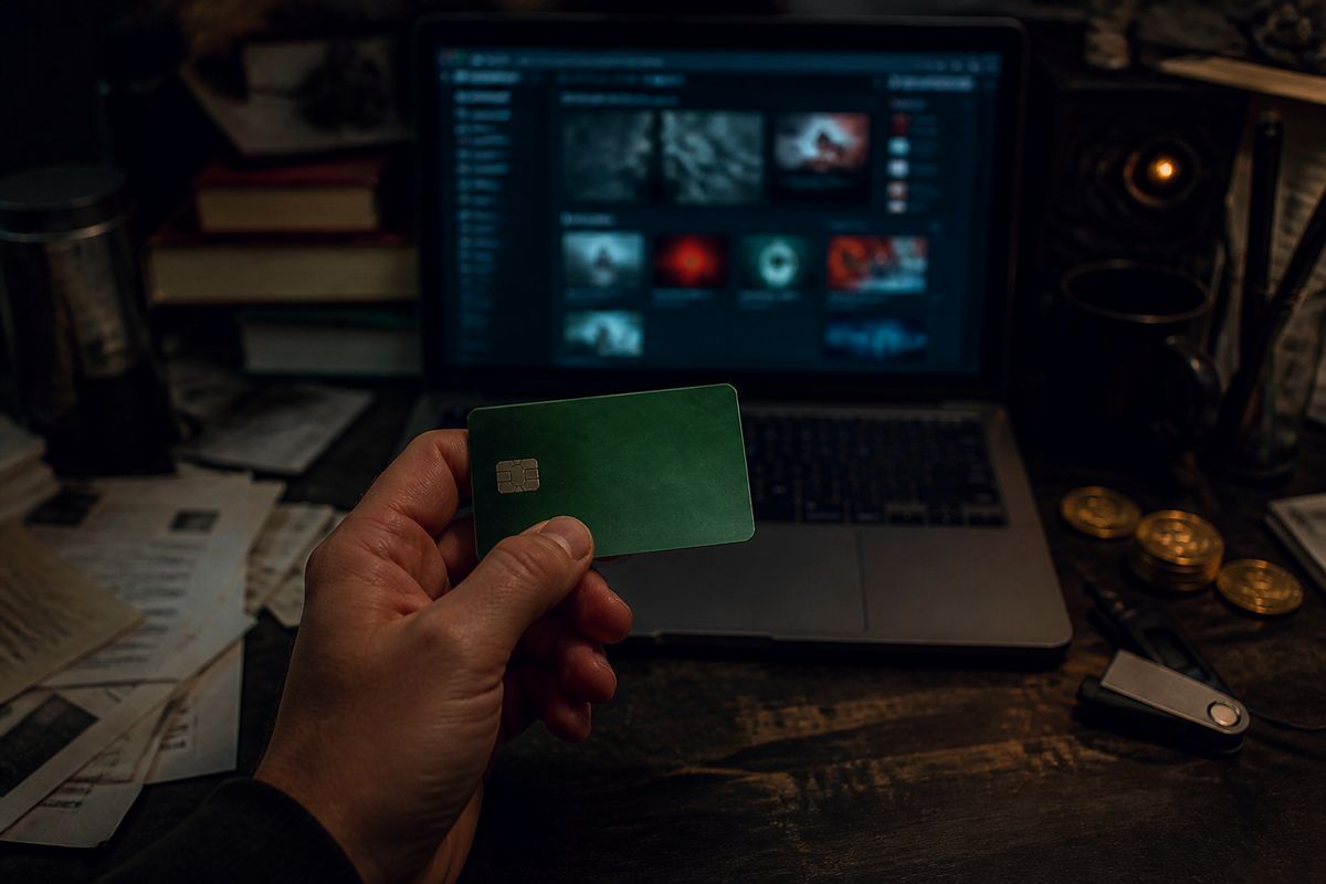 A hand holding a green card beside a laptop, reflecting the context of online purchases in the article.