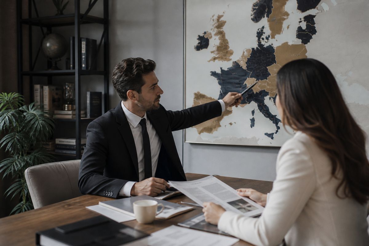 A person consulting with a lawyer about legal pathways to obtain European citizenship and investment options.