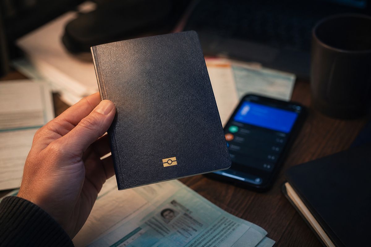 A person closely inspecting a biometric passport next to a smartphone, relevant to dark web passport acquisition.