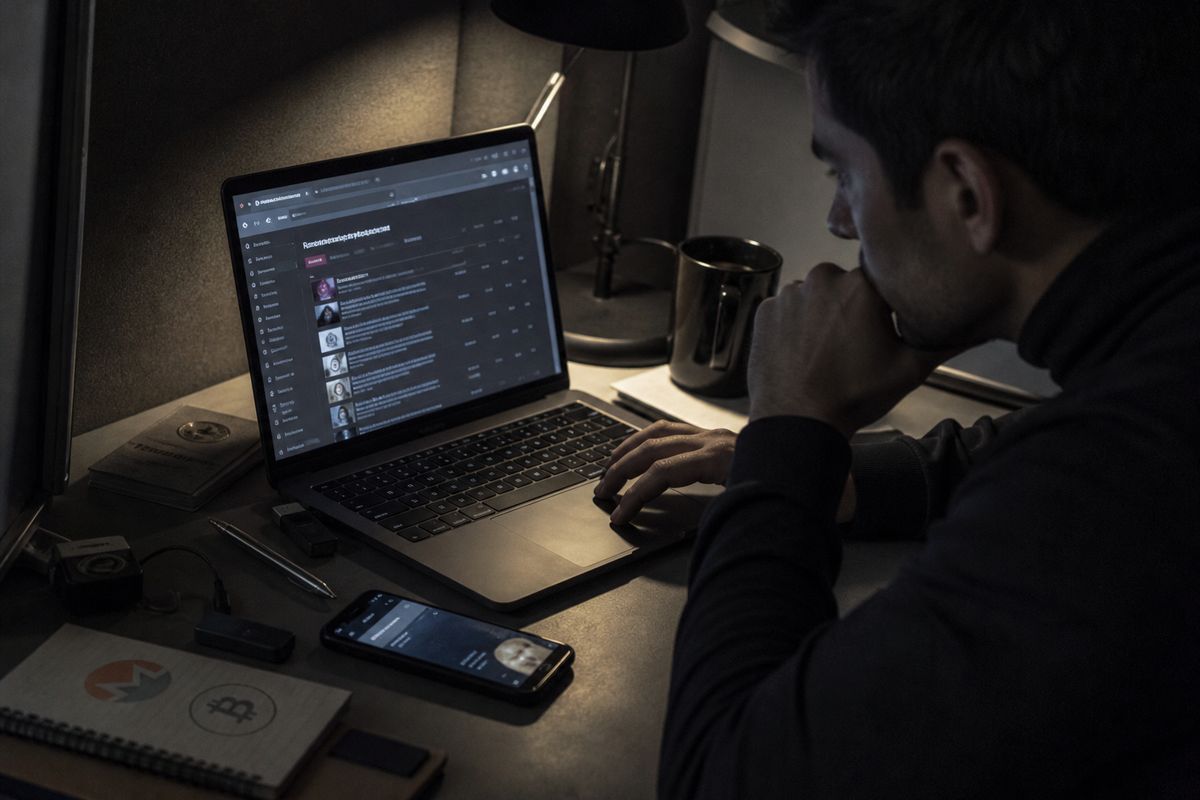 A person examining products on a darknet marketplace, surrounded by cryptocurrency tools and a forum page.