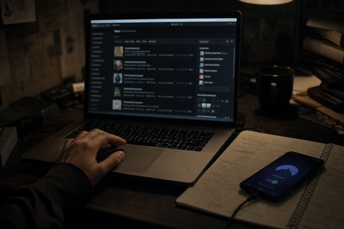 A hand exploring a dark web marketplace on a laptop in a dimly lit room, illustrating safe navigation techniques.