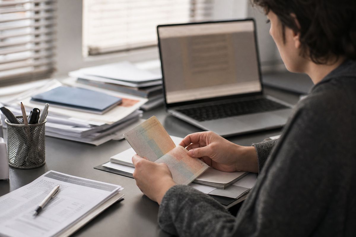 A person reviews a genuine passport and legal documents, highlighting the importance of legal considerations in passport acquisition.