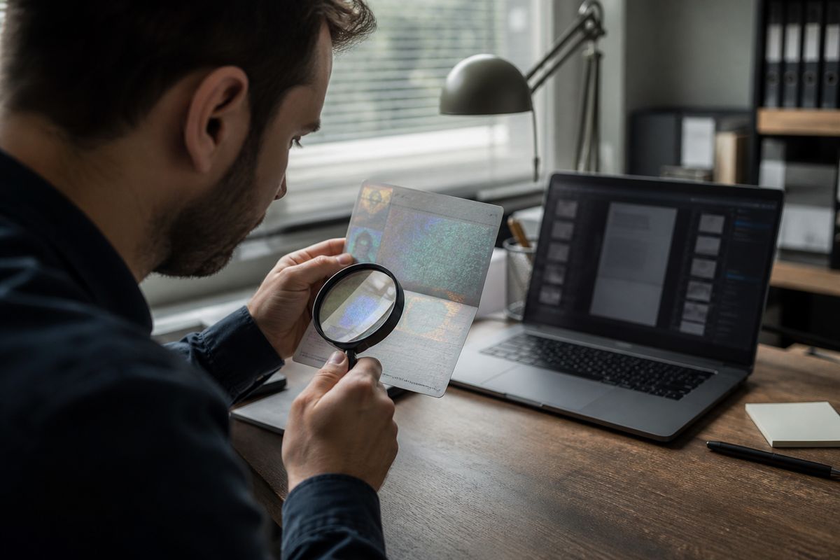 A person examining a suspicious document with a magnifying glass for authenticity checks, reflecting the theme of online document verification.