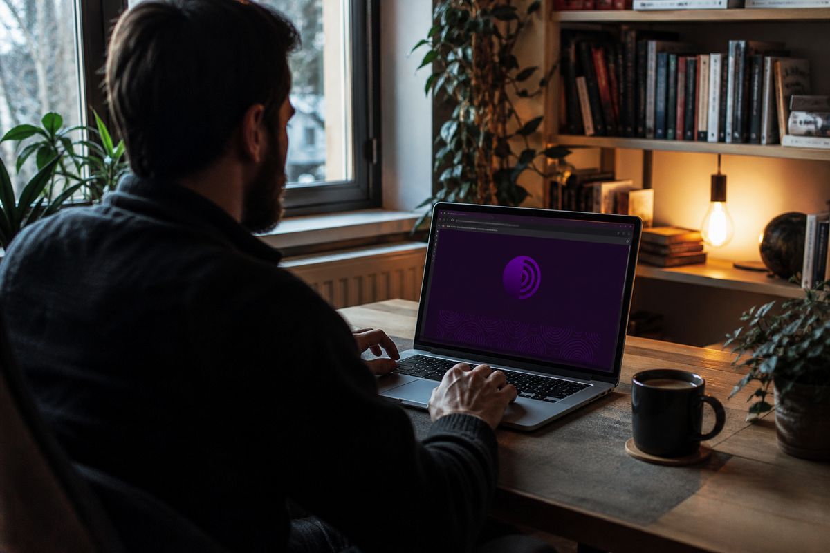 A person navigating the deep web using Tor Browser in a cozy home office, highlighting internet safety and anonymity.