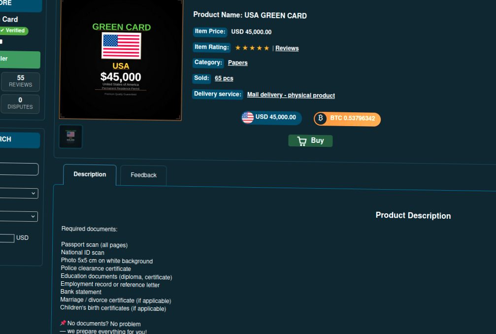 Advertisement showing US green card for sale at $45,000