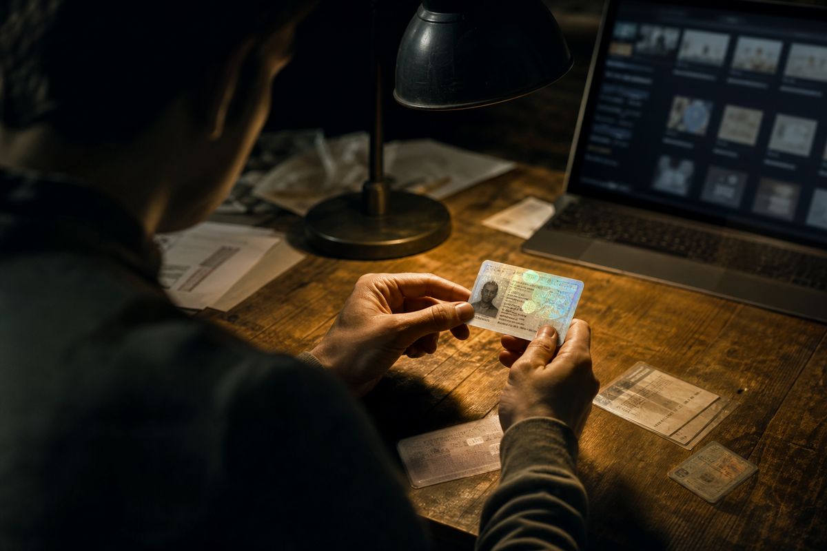 A person analyzing a realistic ID card in a dimly lit room, highlighting the article's focus on buying ID cards.