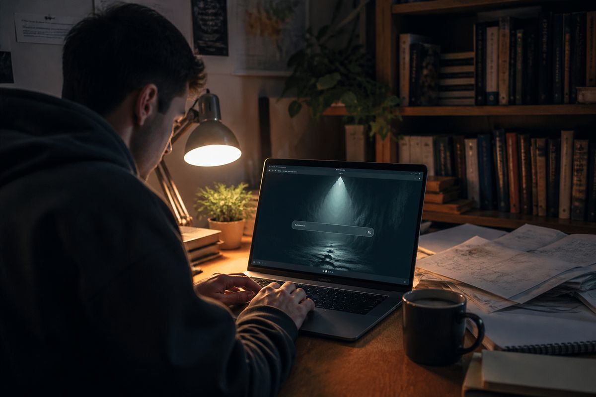 A person exploring the Torch dark web search engine in a cozy study, highlighting safe navigation of hidden internet.